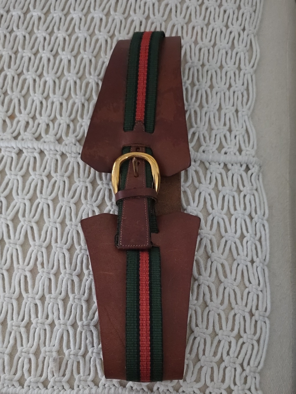 Vintage Leather Saks Fifth Avenue Red & Green Webbing Detail Belt
